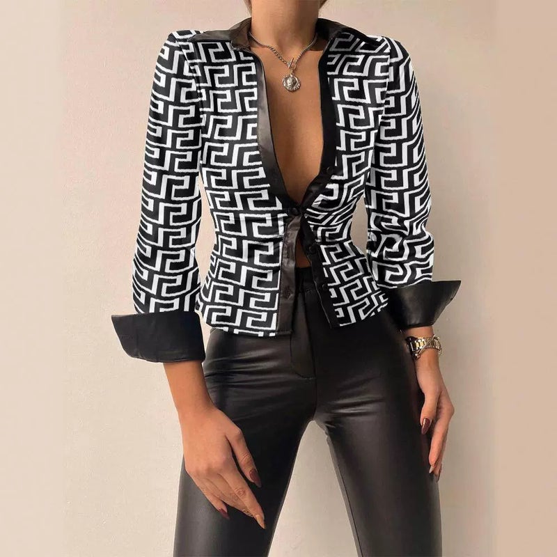 Women's Lace Hollow Out Long Sleeve V-Neck Patchwork Blouse Shirt - Image 1