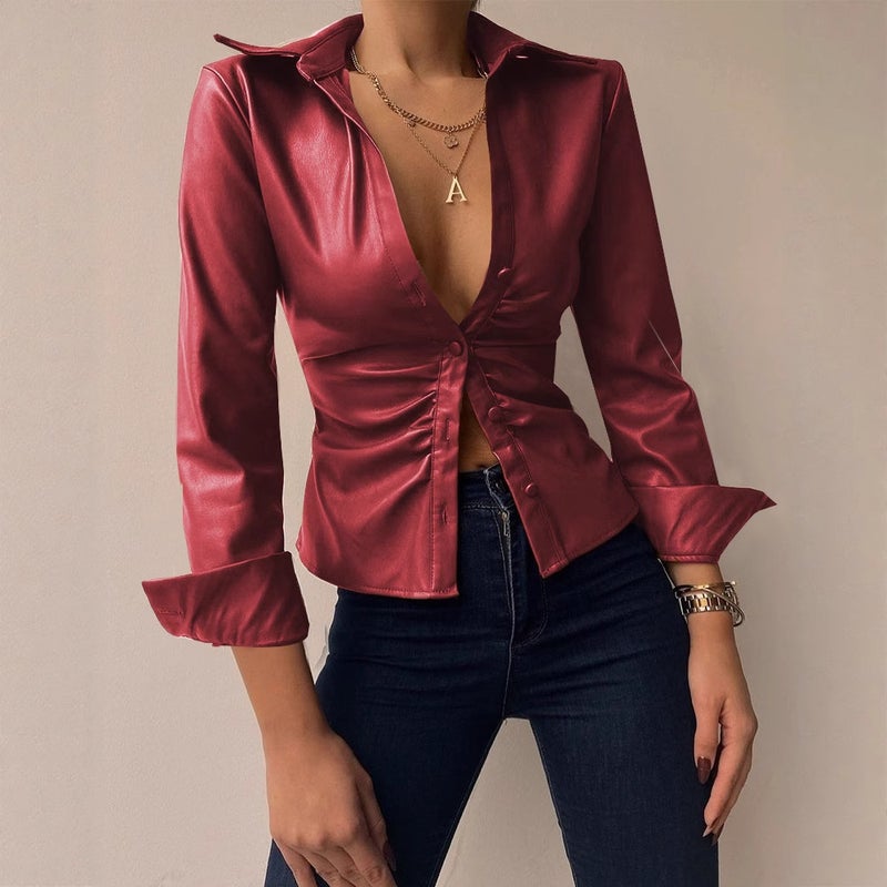 Women's Lace Hollow Out Long Sleeve V-Neck Patchwork Blouse Shirt - Image 5