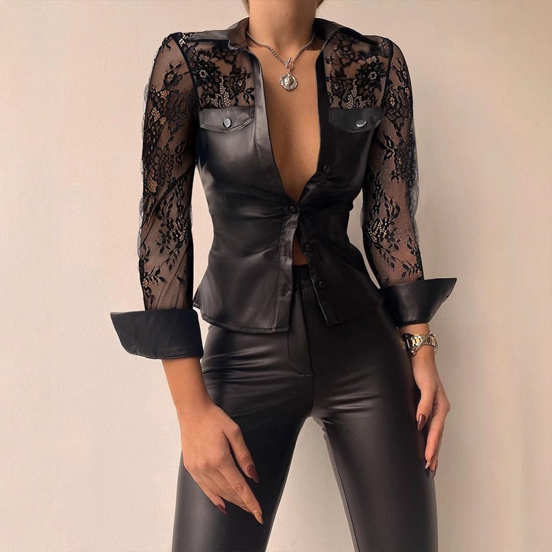 Women's Lace Hollow Out Long Sleeve V-Neck Patchwork Blouse Shirt - Image 4