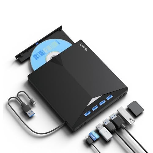 Geonix 7 in 1 USB 3.0 External CD/DVD Drive for Laptop - Portable Burner and Player Compatible with Desktop PC Windows XP/2003/Vista 10/8.1/7 Linux Mac OS (Black) - Image 1