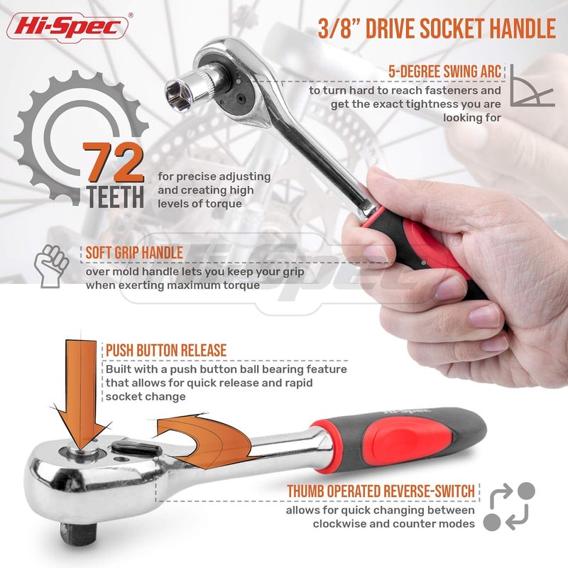 Hi-Spec 12 Piece Metric 3/8in Drive Socket Set with 72 Teeth Ratchet Wrench Handle & Extension Bar - Image 3