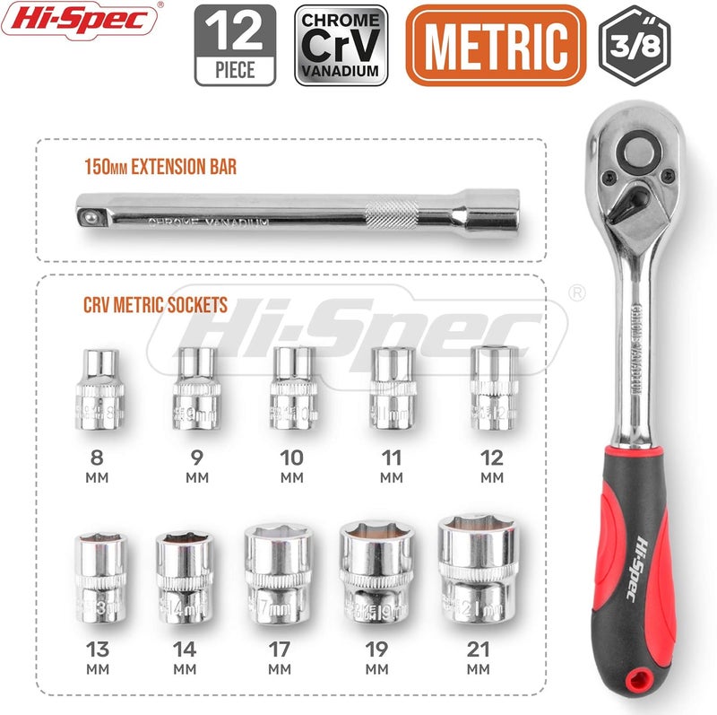 Hi-Spec 12 Piece Metric 3/8in Drive Socket Set with 72 Teeth Ratchet Wrench Handle & Extension Bar - Image 2