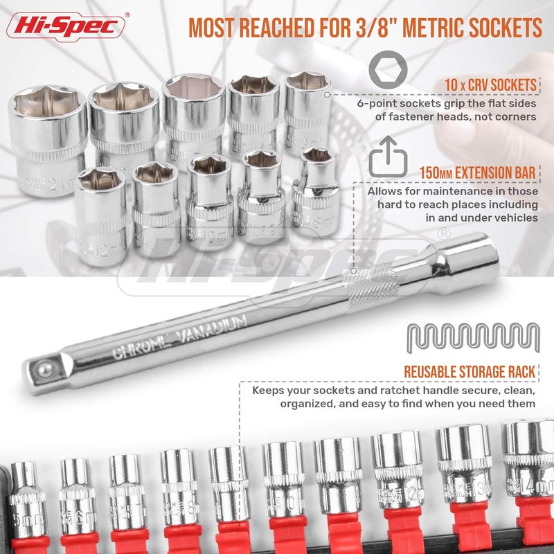 Hi-Spec 12 Piece Metric 3/8in Drive Socket Set with 72 Teeth Ratchet Wrench Handle & Extension Bar - Image 4
