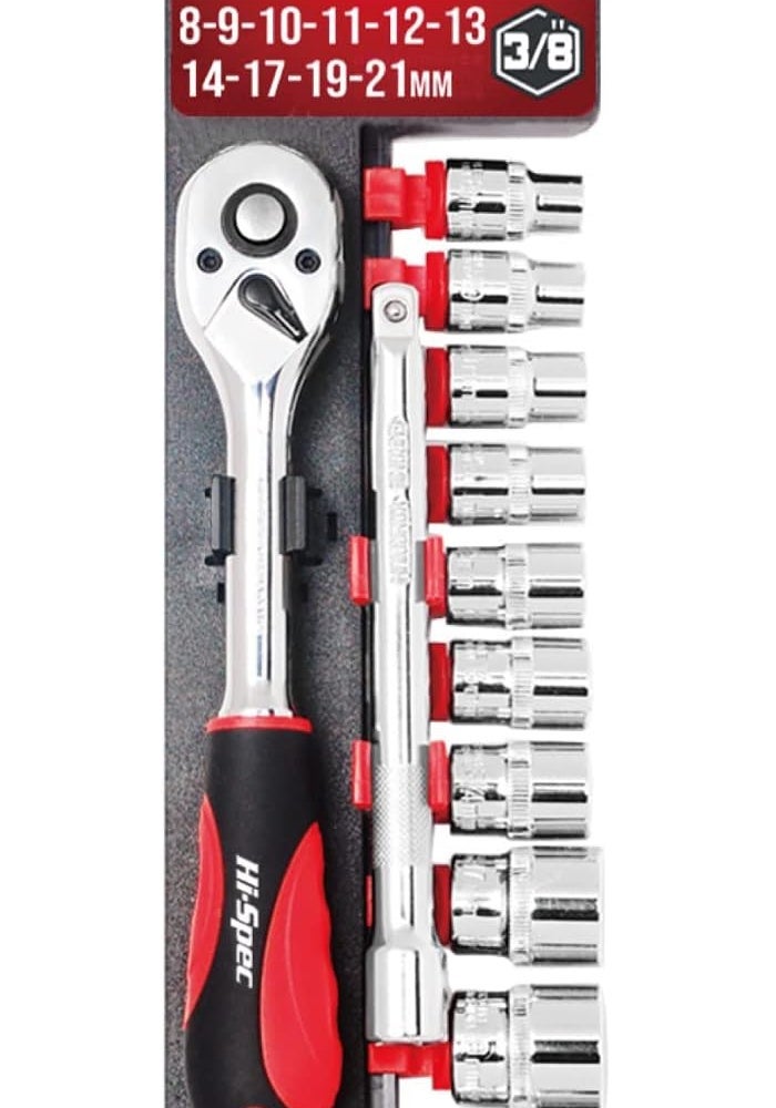 Hi-Spec 12 Piece Metric 3/8in Drive Socket Set with 72 Teeth Ratchet Wrench Handle & Extension Bar - Image 1