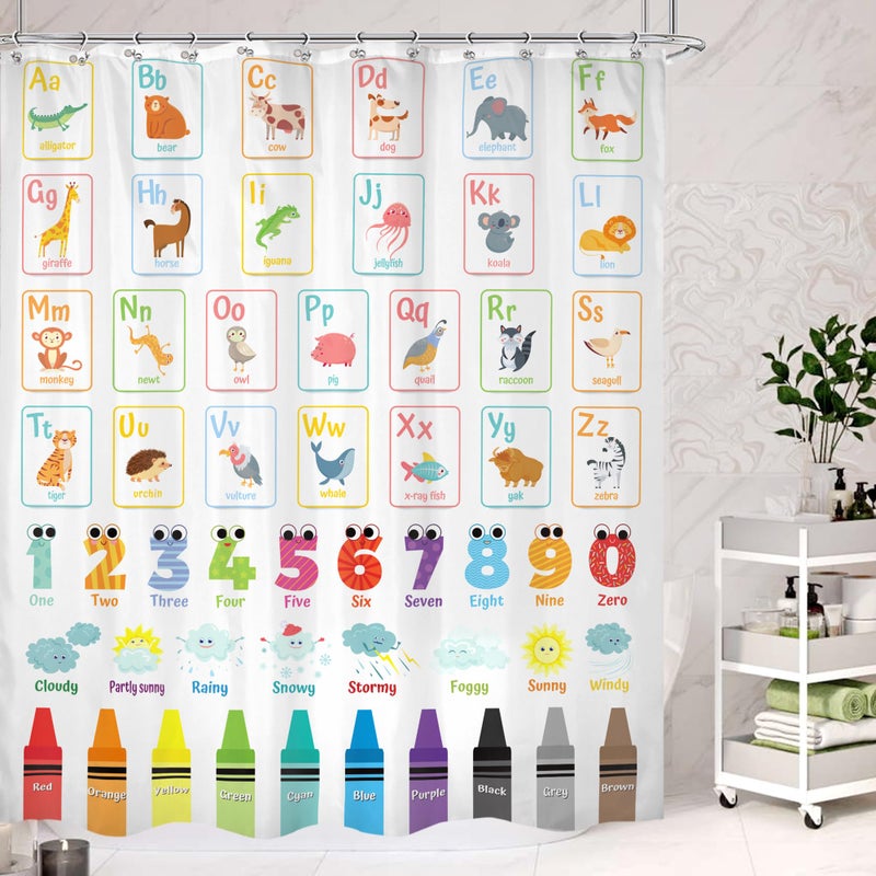 Cinbloo Alphabet ABC Kids Shower Curtain 60Wx72H Children Cartoon Cute Animal Colorful Educational Bathroom Curtain Set Number Learning Bath Curtain Fabric Baby Girls Boys Bathroom Decor with 12 Hooks
