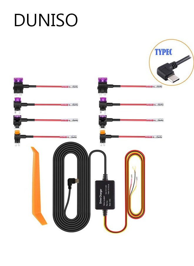 DUNISO Hardwire Kit for Dashcam 11ft Type-C USB Converts 12V-24V to 5V/2.5A, 24 Hours Parking Mode Car Dash Camera Charger Cable kit with Low Voltage Protection, 8 Fuse Holders Tap Cable  - Image 1