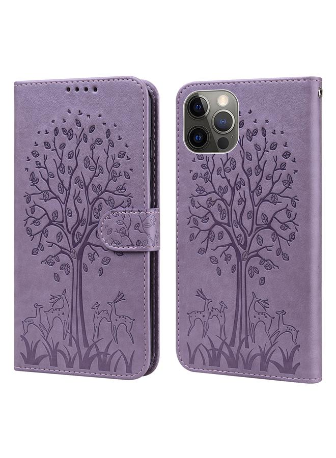 Zaboon Case For iPhone 13 Pro Max Tree & Deer Pattern Pressed Printing Horizontal Flip Leather Phone Case For iPhone 12 Pro Max / 13 Pro Max - Image 1