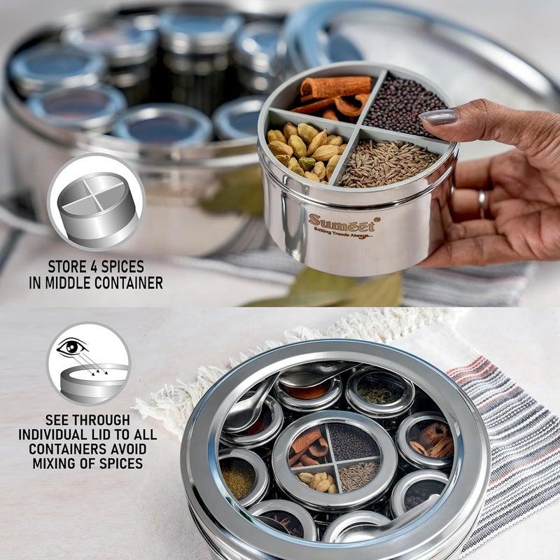Sumeet 12 in 1 Stainless Steel Airtight Masala Box/Organiser/Masala Dani for Kitchen with Middle Container Partition |12 Containers with Individual with See through Lid & 4 Spoon (22.8 cms) - Image 3