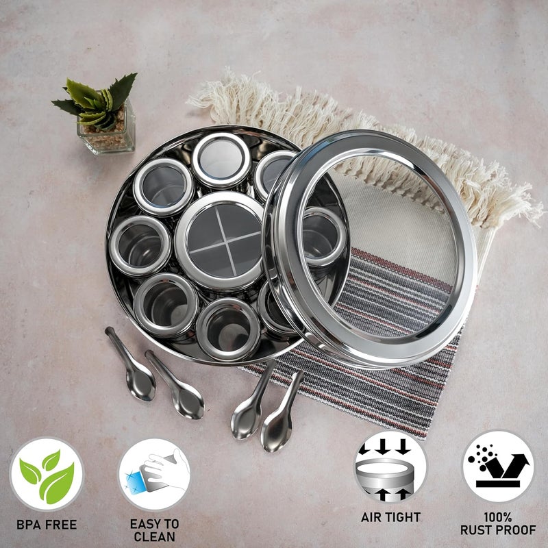 Sumeet 12 in 1 Stainless Steel Airtight Masala Box/Organiser/Masala Dani for Kitchen with Middle Container Partition |12 Containers with Individual with See through Lid & 4 Spoon (22.8 cms) - Image 5