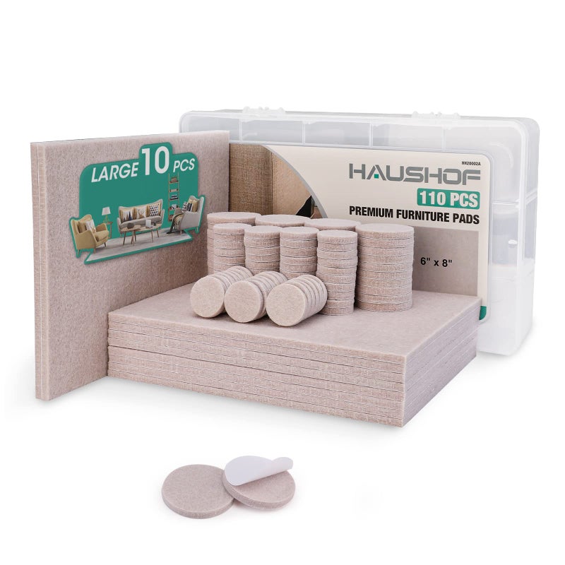 HAUSHOF 110 Pieces Felt Furniture Pads  Include 10 PCS 8x6 Felt Sheets Premium Self Adhesive Felt Pads with Storage Box Anti Scratch Hardwood Floor Protectors for Furniture Feet Chair Legs