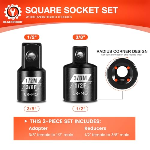 BLACKROBOT 2PCS Impact Socket Adapter and Reducer Set, 3/8" to 1/2" & 1/2" to 3/8" Socket Adapter Set, SAE Drive Cr-Mo Steel Exceeds ANSI Standards, Square Drive Adapter for Impact Driver Wrench - Image 3