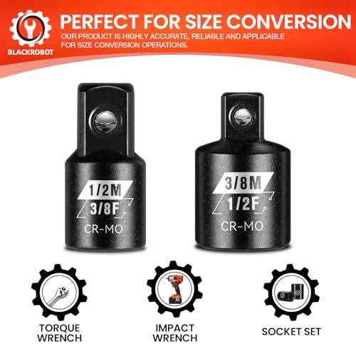 BLACKROBOT 2PCS Impact Socket Adapter and Reducer Set, 3/8" to 1/2" & 1/2" to 3/8" Socket Adapter Set, SAE Drive Cr-Mo Steel Exceeds ANSI Standards, Square Drive Adapter for Impact Driver Wrench - Image 5