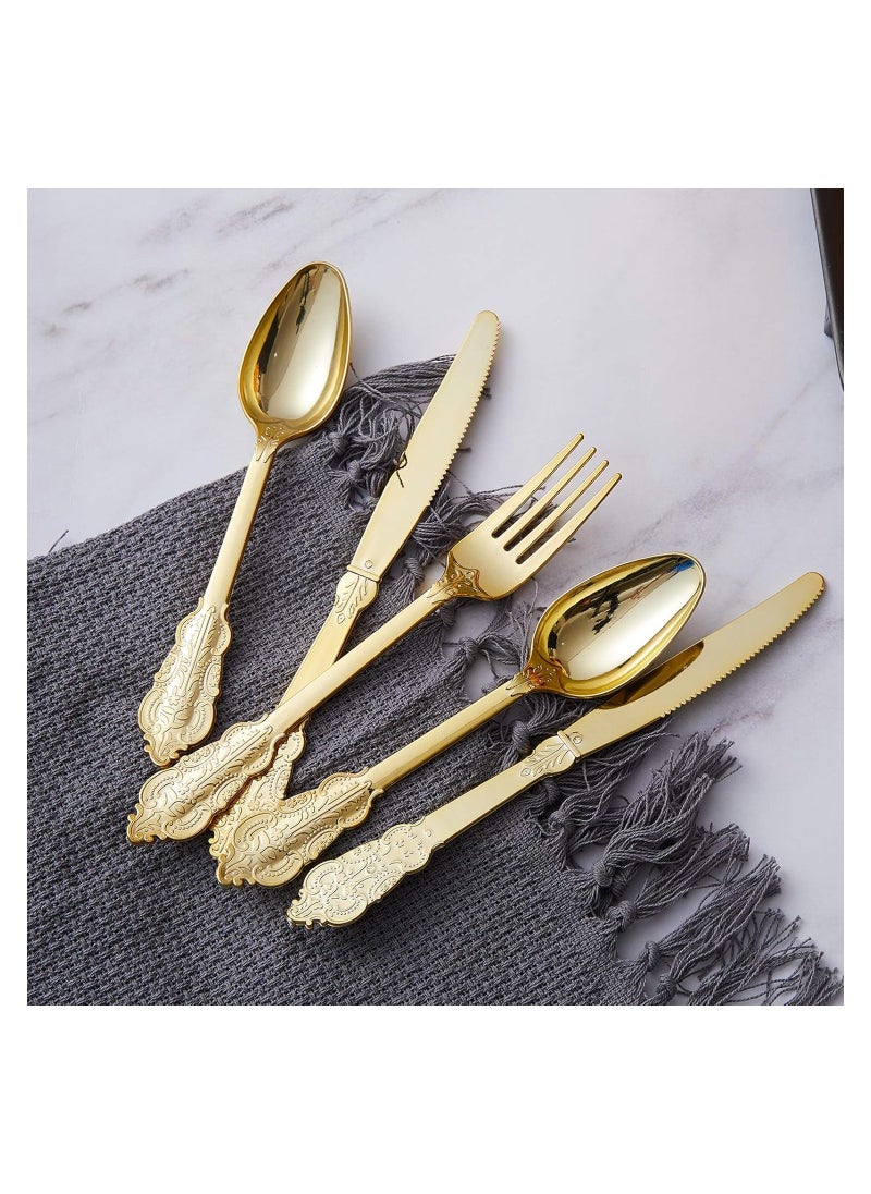 Generic - 60-Piece Gold Plastic Silverware Set - Heavyweight Disposable Utensils with 20 Forks, 20 Knives, and 20 Spoons - Elegant Flatware for Vintage Weddings, Anniversaries, and Parties. - Image 1