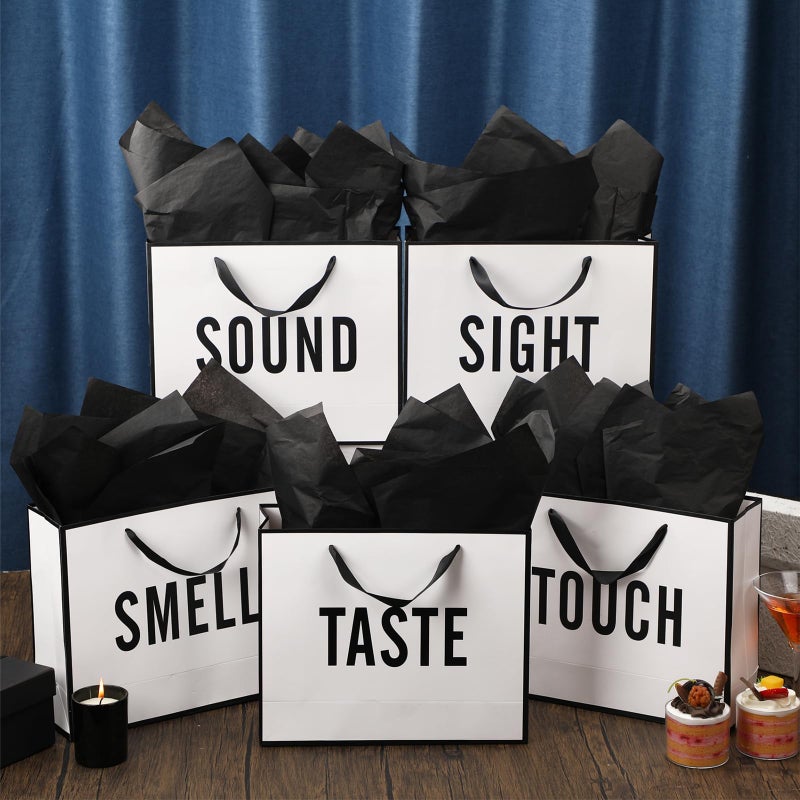 Kolldenn 5 Senses Gift Bags for Him Her Five Senses Gift Bag with Ribbon Handles and Tissue Paper Present Wrappings for Valentine Wedding Birthday Mothers Day (Black White,11.8 x 10 x 4 Inch) - Image 3
