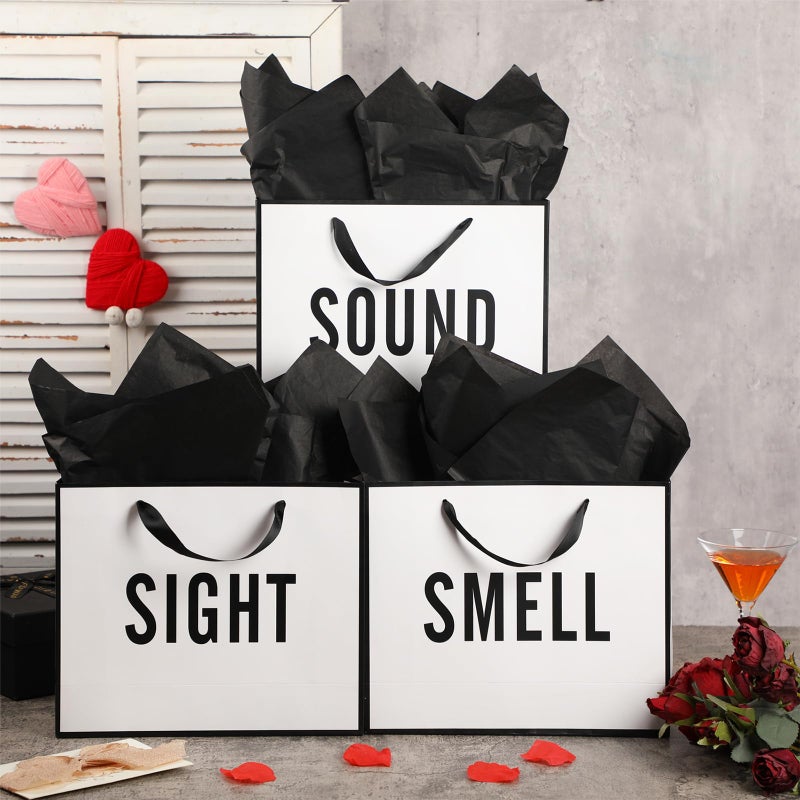 Kolldenn 5 Senses Gift Bags for Him Her Five Senses Gift Bag with Ribbon Handles and Tissue Paper Present Wrappings for Valentine Wedding Birthday Mothers Day (Black White,11.8 x 10 x 4 Inch) - Image 5