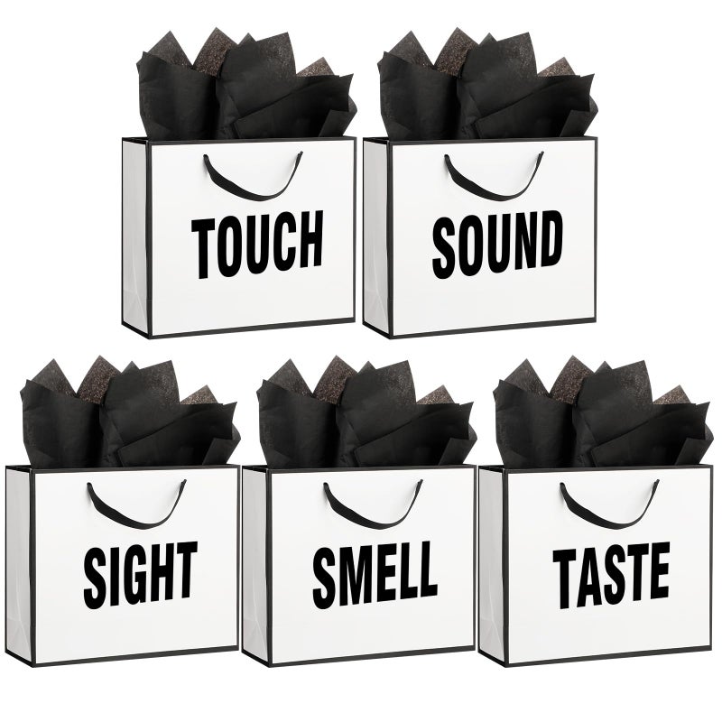 Kolldenn 5 Senses Gift Bags for Him Her Five Senses Gift Bag with Ribbon Handles and Tissue Paper Present Wrappings for Valentine Wedding Birthday Mothers Day (Black White,11.8 x 10 x 4 Inch) - Image 1