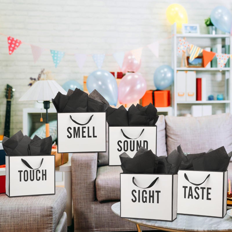 Kolldenn 5 Senses Gift Bags for Him Her Five Senses Gift Bag with Ribbon Handles and Tissue Paper Present Wrappings for Valentine Wedding Birthday Mothers Day (Black White,11.8 x 10 x 4 Inch) - Image 4