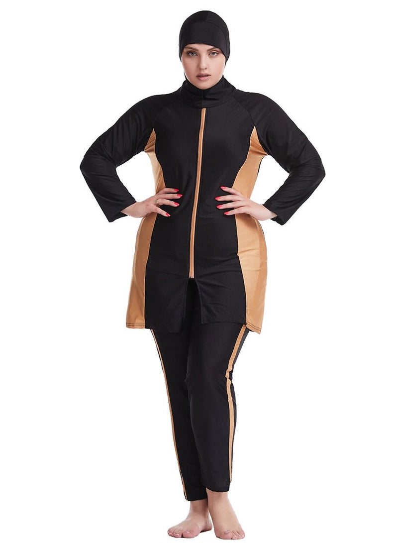 Loquat Traditional 3-Piece Swimwear Set Conservative Style Long Sleeve Burkini Swimsuit Set Black/Brown  - Image 1