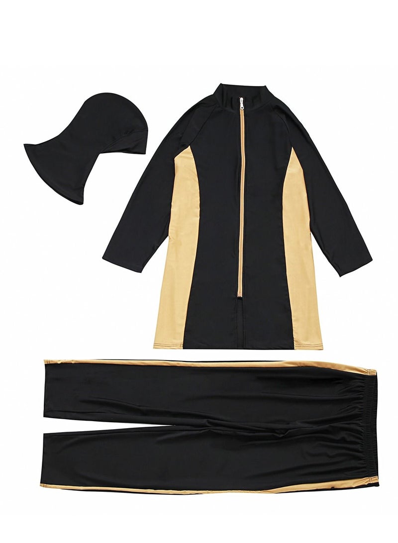 Loquat Traditional 3-Piece Swimwear Set Conservative Style Long Sleeve Burkini Swimsuit Set Black/Brown  - Image 2