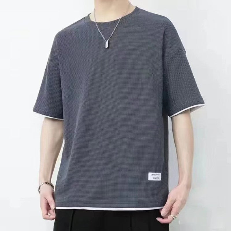Waffle short-sleeved T-shirt men's round neck loose stitching solid color T-shirt fashion lightweight casual plaid fake two-piece T-shirt - Image 2