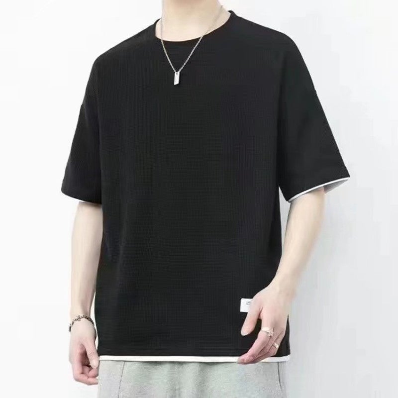 Waffle short-sleeved T-shirt men's round neck loose stitching solid color T-shirt fashion lightweight casual plaid fake two-piece T-shirt - Image 5