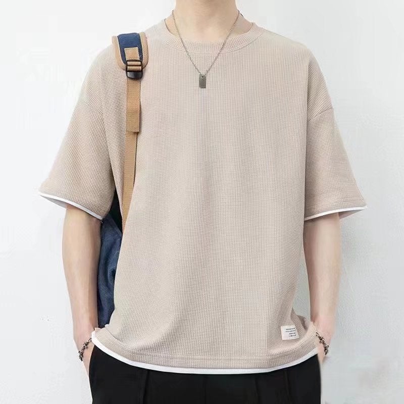Waffle short-sleeved T-shirt men's round neck loose stitching solid color T-shirt fashion lightweight casual plaid fake two-piece T-shirt - Image 4