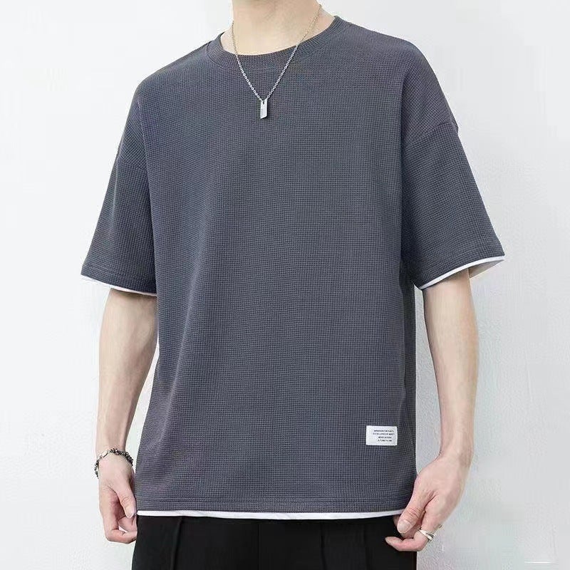 Waffle short-sleeved T-shirt men's round neck loose stitching solid color T-shirt fashion lightweight casual plaid fake two-piece T-shirt - Image 1