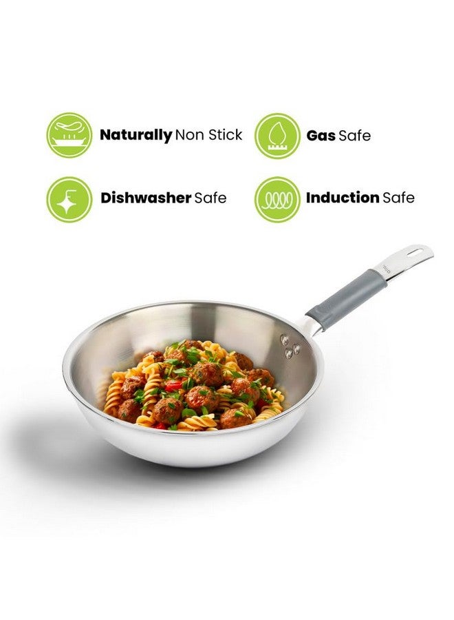 Allo Triply Stainless Steel Wok For Deep Fry/Stir Fry/Dry Veg/Sauté/Chinese Wok Cooking/Noodles Induction Friendly Naturally Non-Stick | 10 Years Warranty, 24Cm, 2.7 Litre,Silver - Image 3