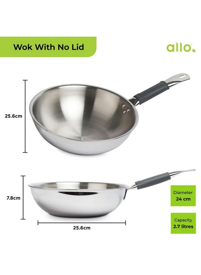 Allo Triply Stainless Steel Wok For Deep Fry/Stir Fry/Dry Veg/Sauté/Chinese Wok Cooking/Noodles Induction Friendly Naturally Non-Stick | 10 Years Warranty, 24Cm, 2.7 Litre,Silver - Image 2