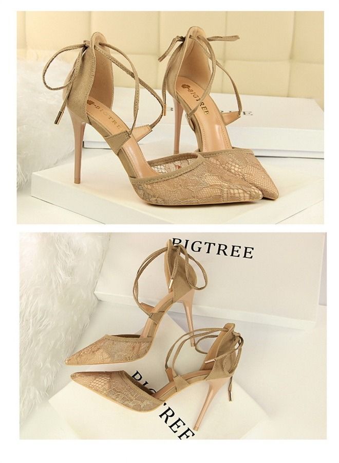 BIGTREE Pointed Mesh Lace Cross-Cut High-Heeled Sandals 10CM Beige - Image 2