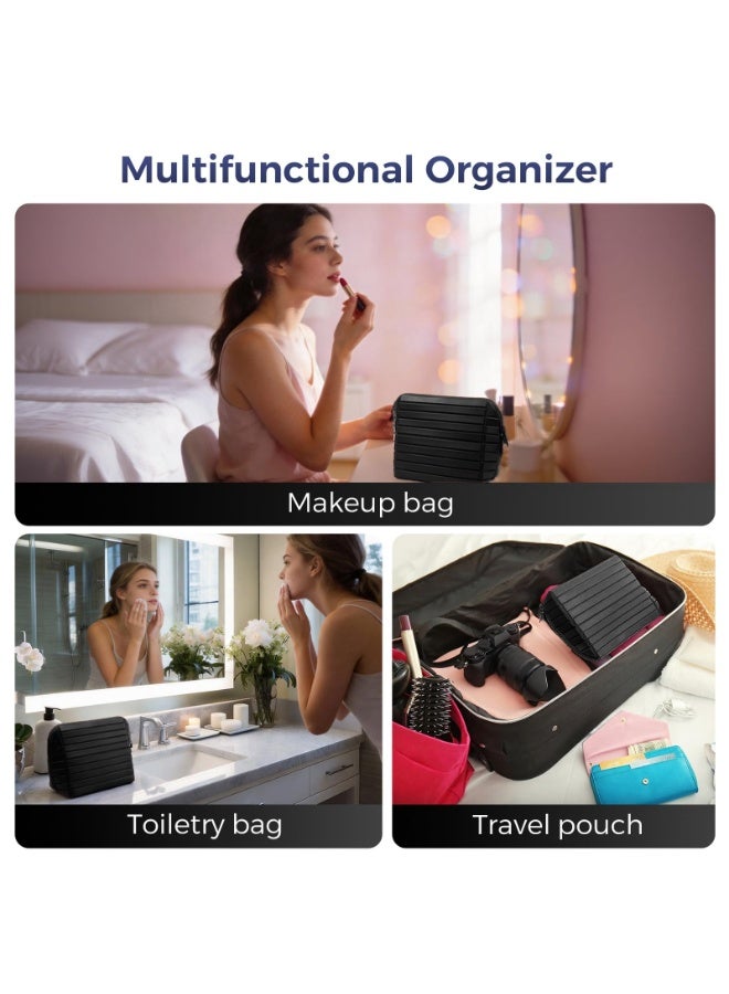 Arabest Travel Makeup Organizer Bag with Fold-Down Design and Adjustable Dividers, 27 Pockets & 3 Brush Storage Holders, Large Capacity Cosmetic Bags Toiletry Case(Black) - Image 2