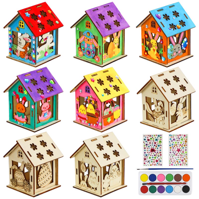 MUOUAKATE 8Pcs Easter Crafts Wooden House with 12 Paint, Easter Arts and Crafts for Boys Girls Ages 3 4 5 6 7 8 12 Years Old, Adults DIY Easter Painting Crafts Kit Activities Bulk Supplies with Easter Egg Bunny - Image 1