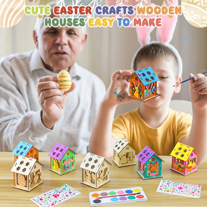 MUOUAKATE 8Pcs Easter Crafts Wooden House with 12 Paint, Easter Arts and Crafts for Boys Girls Ages 3 4 5 6 7 8 12 Years Old, Adults DIY Easter Painting Crafts Kit Activities Bulk Supplies with Easter Egg Bunny - Image 3