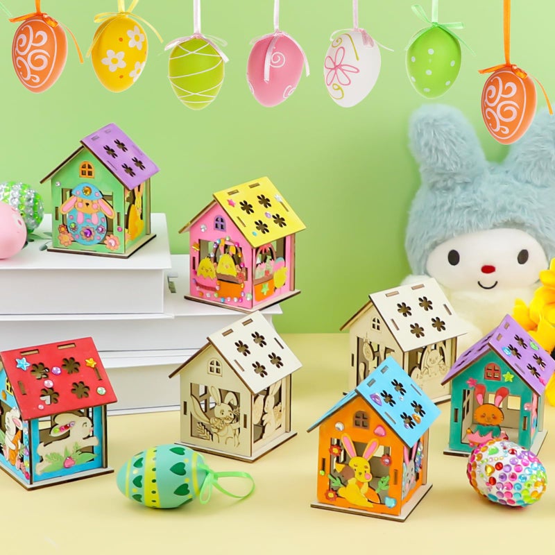 MUOUAKATE 8Pcs Easter Crafts Wooden House with 12 Paint, Easter Arts and Crafts for Boys Girls Ages 3 4 5 6 7 8 12 Years Old, Adults DIY Easter Painting Crafts Kit Activities Bulk Supplies with Easter Egg Bunny - Image 4