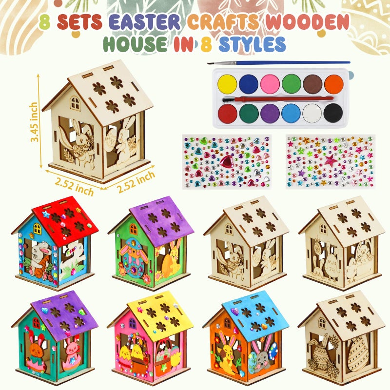 MUOUAKATE 8Pcs Easter Crafts Wooden House with 12 Paint, Easter Arts and Crafts for Boys Girls Ages 3 4 5 6 7 8 12 Years Old, Adults DIY Easter Painting Crafts Kit Activities Bulk Supplies with Easter Egg Bunny - Image 2