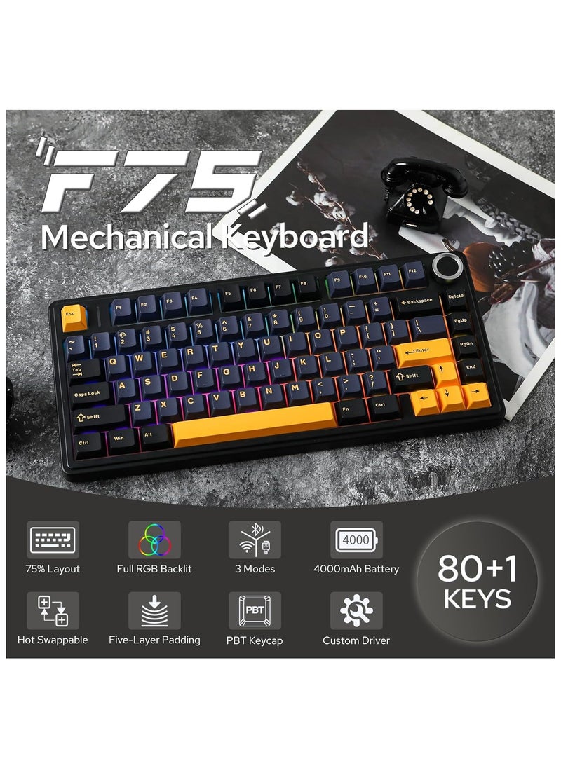 AULA - AULA F75 Gasket Mechanical Keyboard, 75% Wireless Hot Swappable Gaming Keyboard with Five-Layer Padding&Knob, Bluetooth/2.4GHz/USB-C, RGB (Black, LEOBOG Reaper Switch) - Image 1
