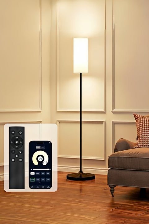 Floor Lamp with App & Remote Control, 3 Colors Stepless Dimming, Eye Protection, Night Light, Metal Base & E27 Bulb