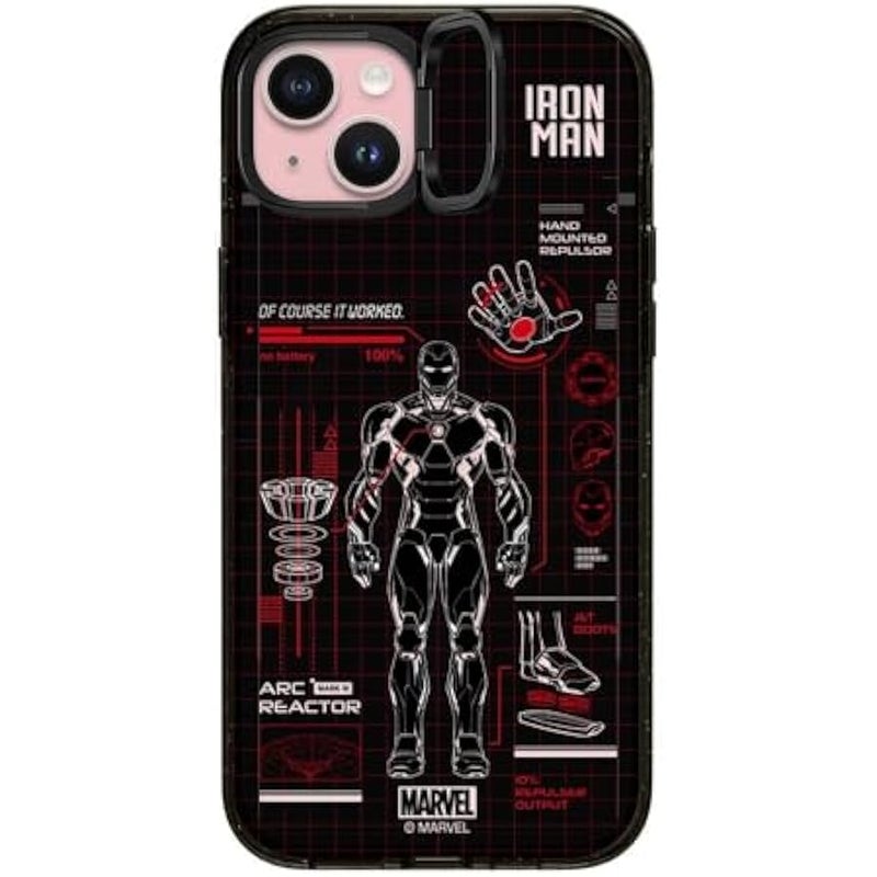 Casetify Impact Ring Stand iPhone 15 Plus Case 【Iron Man Co-Lab / 3X Military Grade Drop Tested / 6.6ft Drop Protection/Compatible with Magsafe】 - Iron Man Blue Print Tech - Red - Clear Black - Image 1