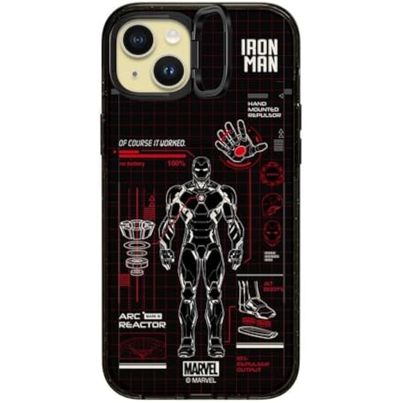 Casetify Impact Ring Stand iPhone 15 Plus Case 【Iron Man Co-Lab / 3X Military Grade Drop Tested / 6.6ft Drop Protection/Compatible with Magsafe】 - Iron Man Blue Print Tech - Red - Clear Black - Image 2