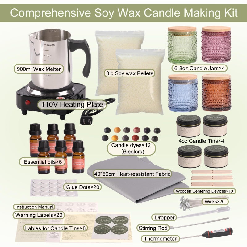 LAMORGIFT Soy Candle Making Kit with Wax Melter for Adults- Natural Soy Wax with Candle Making Supplies, 4 Jars& 4 Tins, Wax Melting Pot and More, Colored Scented Candle DIY Kit for Christmas Gift Set - Image 2