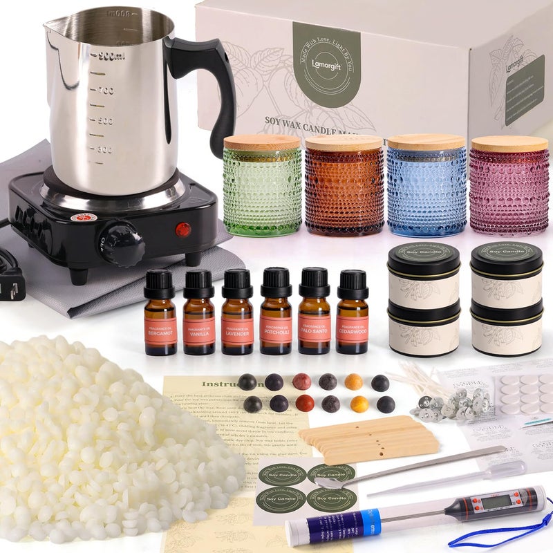 LAMORGIFT Soy Candle Making Kit with Wax Melter for Adults- Natural Soy Wax with Candle Making Supplies, 4 Jars& 4 Tins, Wax Melting Pot and More, Colored Scented Candle DIY Kit for Christmas Gift Set - Image 1