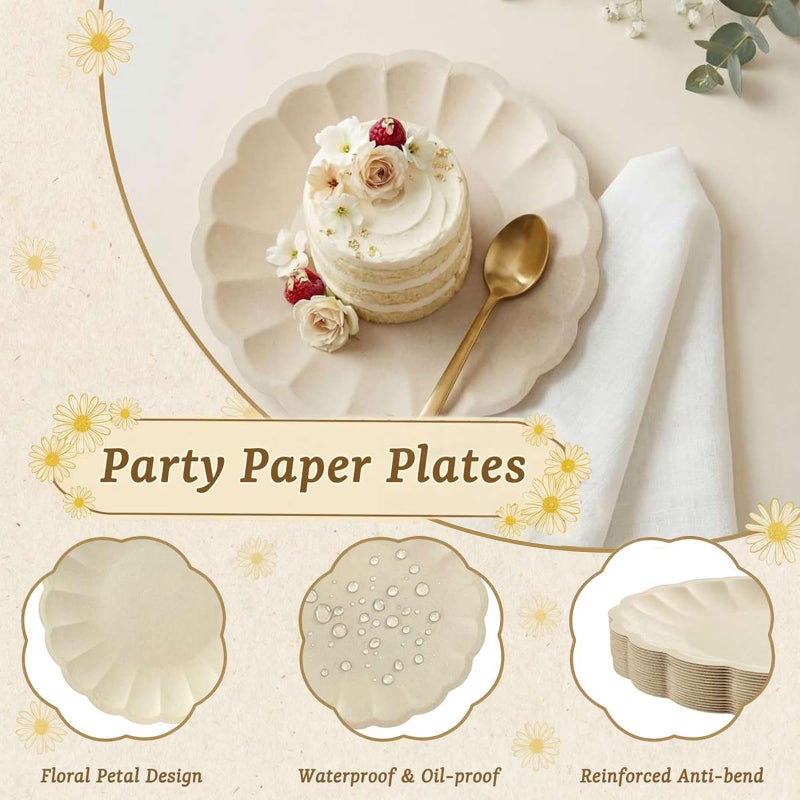 WELLIFE 100 Pack 7 Inch Natural Color Paper Plates - Scalloped Snack Plates for Eco Parties, Outdoor BBQ,Picnic -100% Compostable Biodegradable Bagasse, Microwave Safe - Image 2