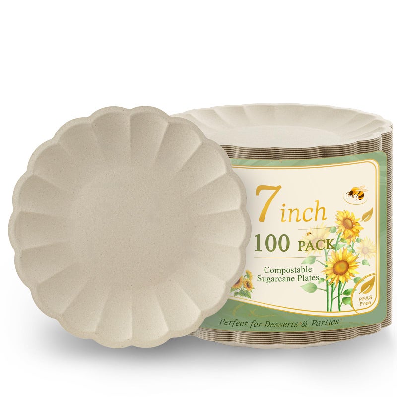 WELLIFE 100 Pack 7 Inch Natural Color Paper Plates - Scalloped Snack Plates for Eco Parties, Outdoor BBQ,Picnic -100% Compostable Biodegradable Bagasse, Microwave Safe - Image 1