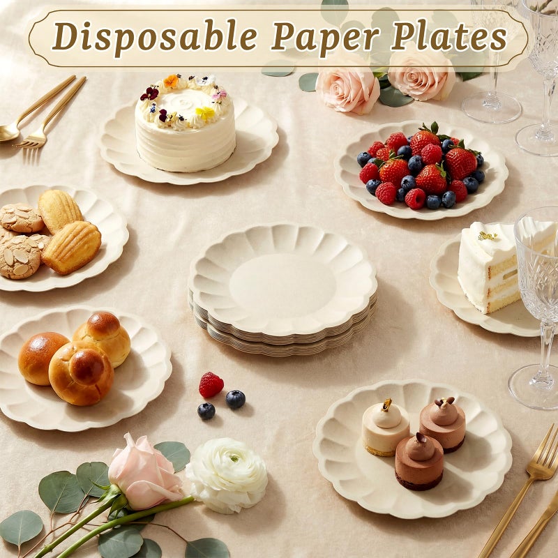 WELLIFE 100 Pack 7 Inch Natural Color Paper Plates - Scalloped Snack Plates for Eco Parties, Outdoor BBQ,Picnic -100% Compostable Biodegradable Bagasse, Microwave Safe - Image 3