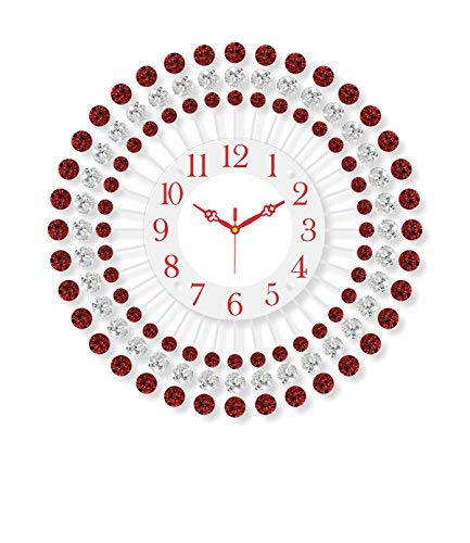CHRONIKLE Beautiful Floral Design Crystal Round Analog Diamond Studded HomeOffice Decor Metal Wall Clock with Sweep Movement Size 37 x 5 x 37 CM Color Red Weight 830 grm - Image 1