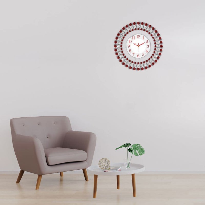 CHRONIKLE Beautiful Floral Design Crystal Round Analog Diamond Studded HomeOffice Decor Metal Wall Clock with Sweep Movement Size 37 x 5 x 37 CM Color Red Weight 830 grm - Image 2