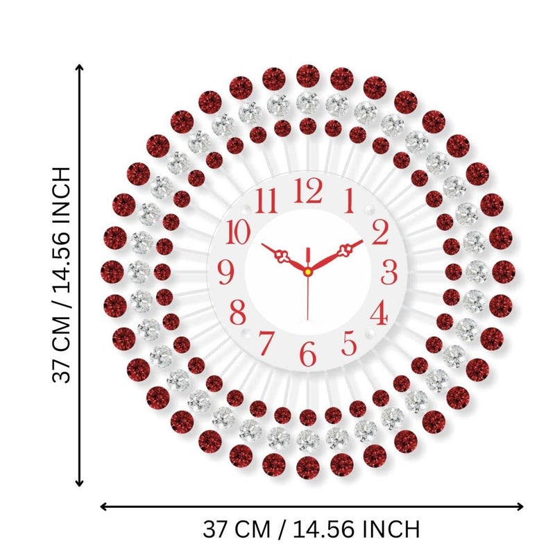 CHRONIKLE Beautiful Floral Design Crystal Round Analog Diamond Studded HomeOffice Decor Metal Wall Clock with Sweep Movement Size 37 x 5 x 37 CM Color Red Weight 830 grm - Image 3