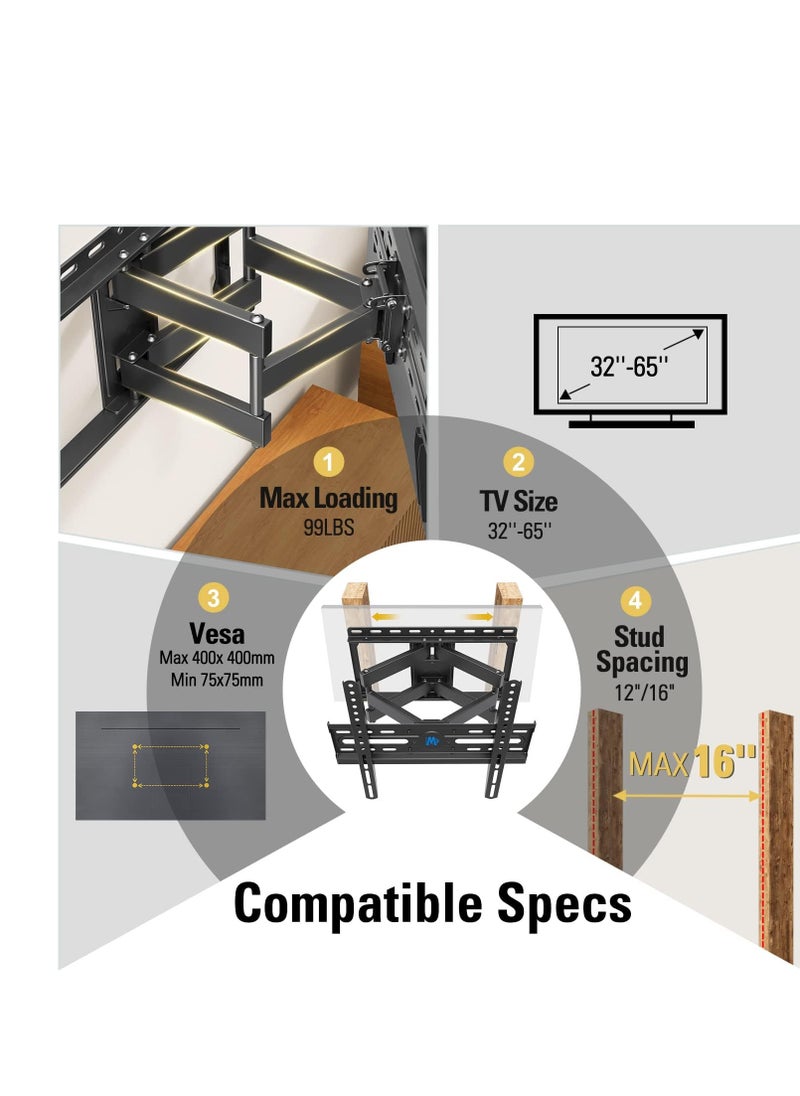 Mounting Dream - Mounting Dream TV Wall Mount for 32-65 Inch TV, TV Mount with Swivel and Tilt, Full Motion TV Bracket with Articulating Dual Arms, Fits 16inch Studs, Max VESA 400X400 mm, 99lbs, MD2380 - Image 1