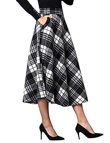 IDEALSANXUN Womens High Elastic Waist Maxi Skirt A-line Plaid Winter Warm Flare Long Skirt (X-Large, Mid-Calf Blackwhite) - Image 1