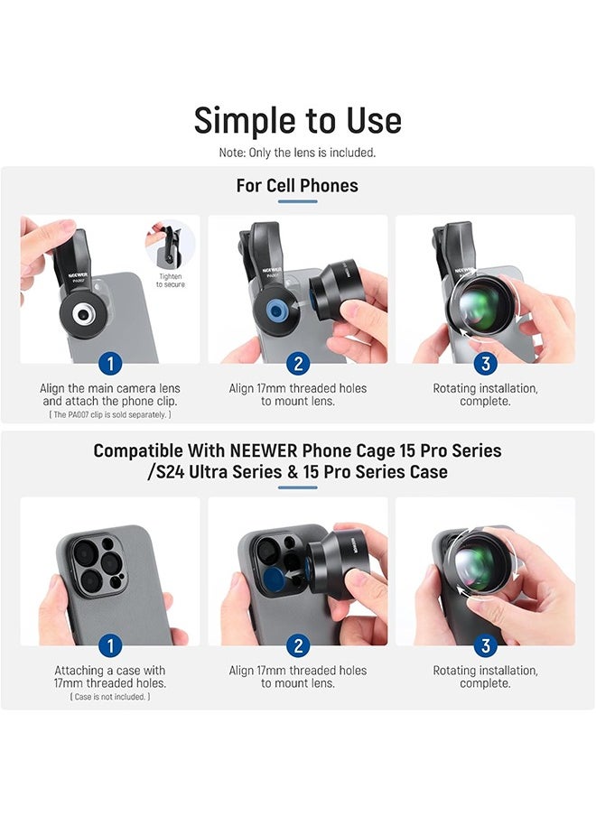 Neewer NEEWER HD 105mm macro lens is only suitable for 17mm threaded back plate, compatible with SmallRig NEEWER iPhone Samsung mobile phone cage case, comes with 17mm lens adapter, 46mm front thread, LS-26  - Image 4